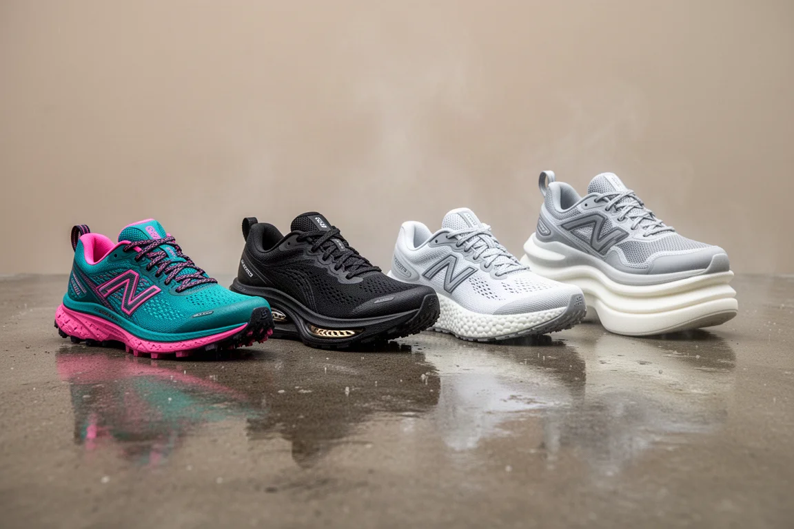 Four running shoes lined up on wet concrete under overcast light