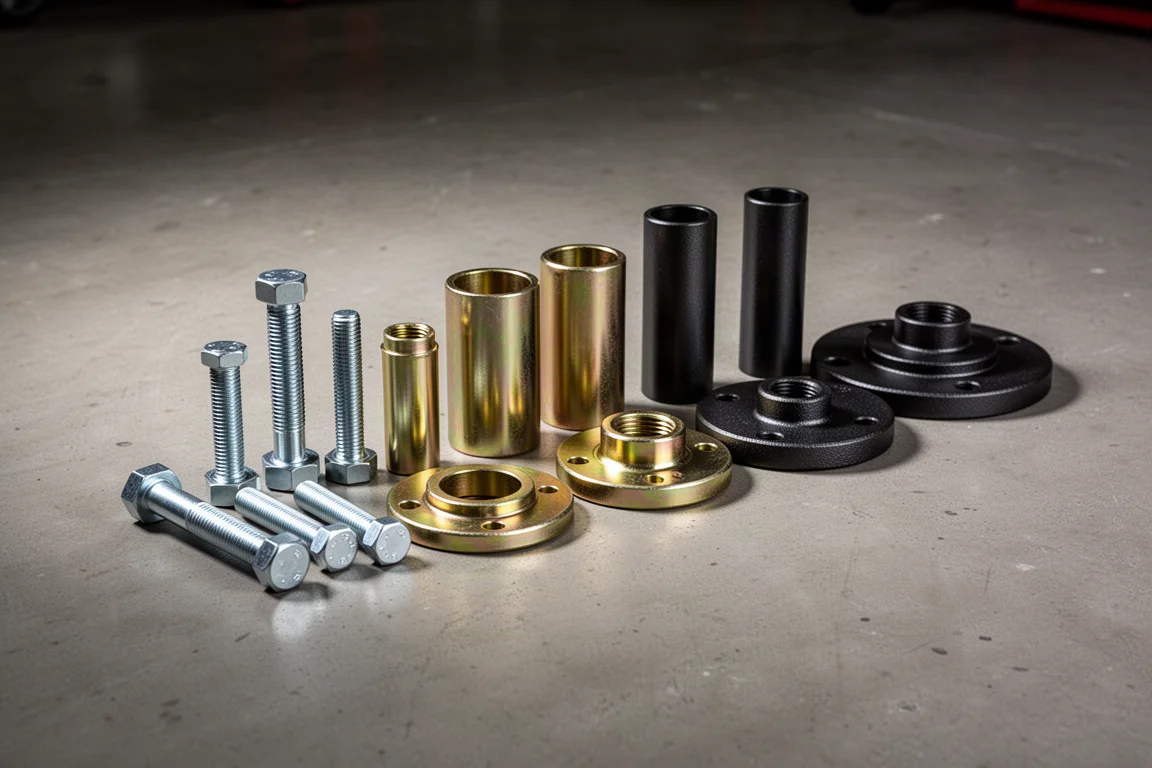 Wheel bearing adapter press kit components arranged on a concrete surface