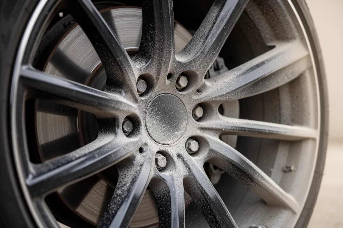 Polvere dei freni che ricopre un cerchio di un'auto prima della pulizia