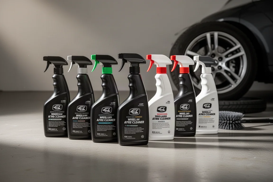 Nove flaconi spray di detergente per cerchi e pneumatici allineati sul pavimento in cemento di un garage