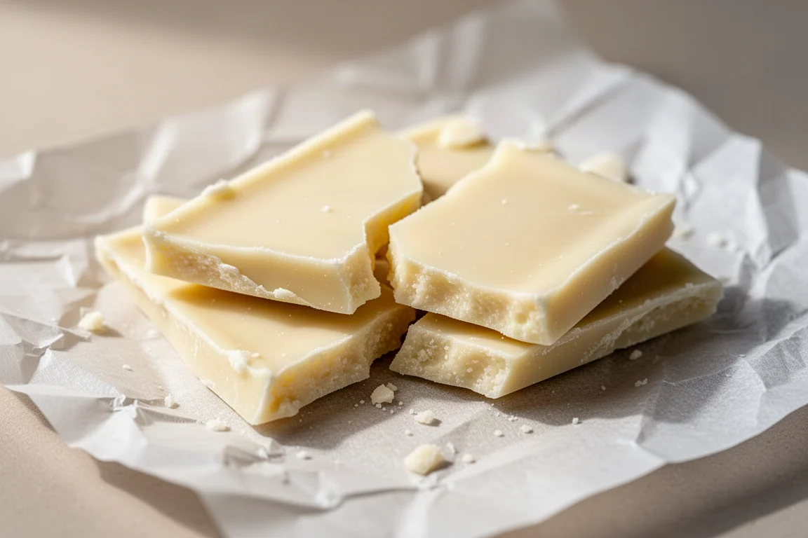 Morceau cassé de tablette de chocolat blanc sur papier cuisson