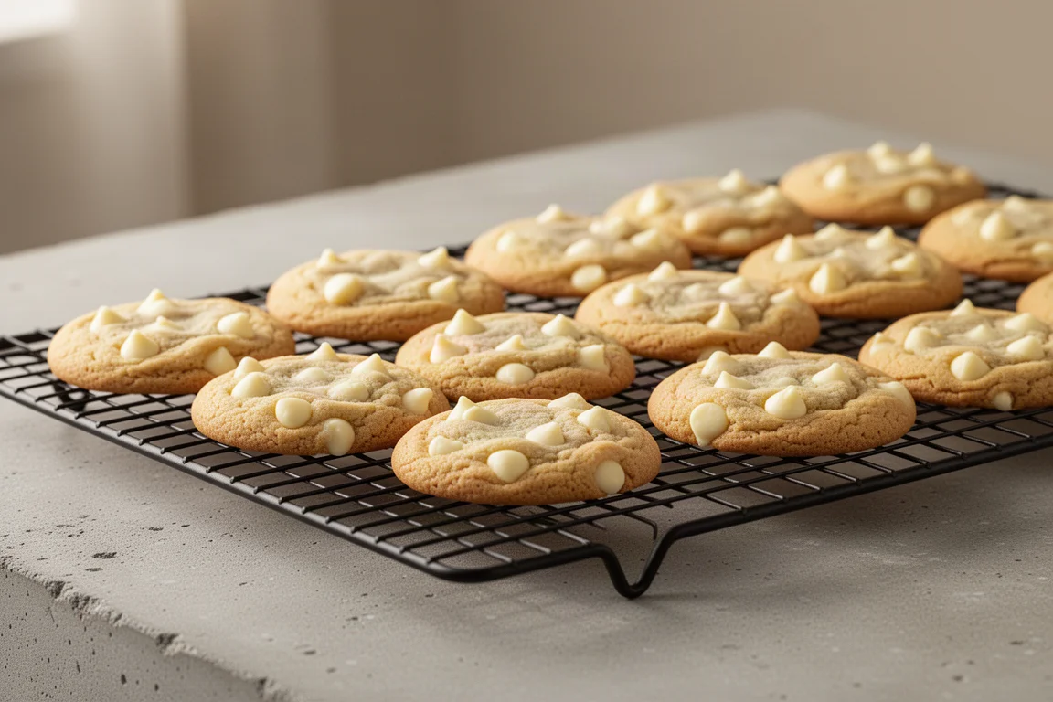 Cookies au chocolat blanc tout juste sortis du four refroidissant sur une grille