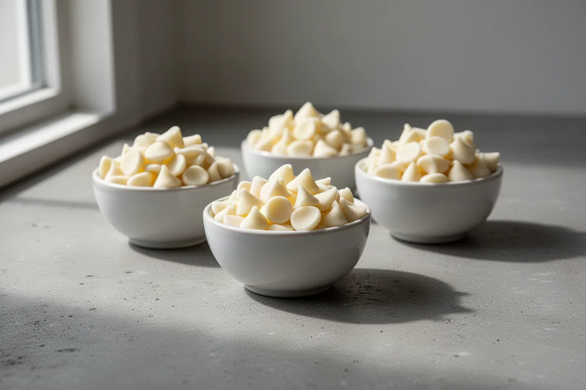 Four bowls of white baking chips lined up on a concrete surface