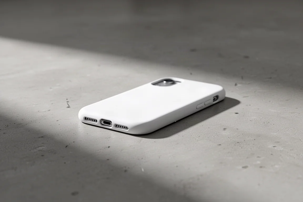 Vitt iPhone-skal som ligger med framsidan nedåt på betong efter ett falltest