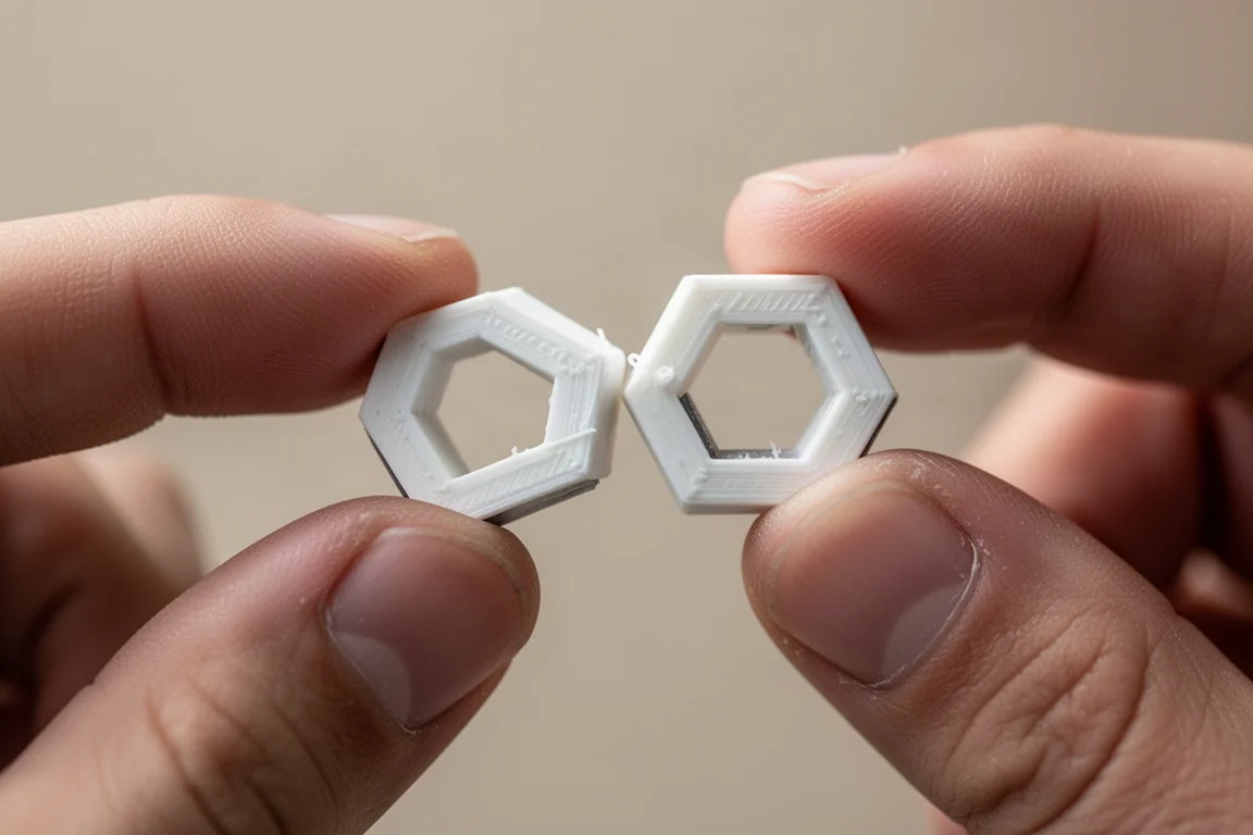 Små vita geometriska fidget-magneter staplade mellan två fingrar