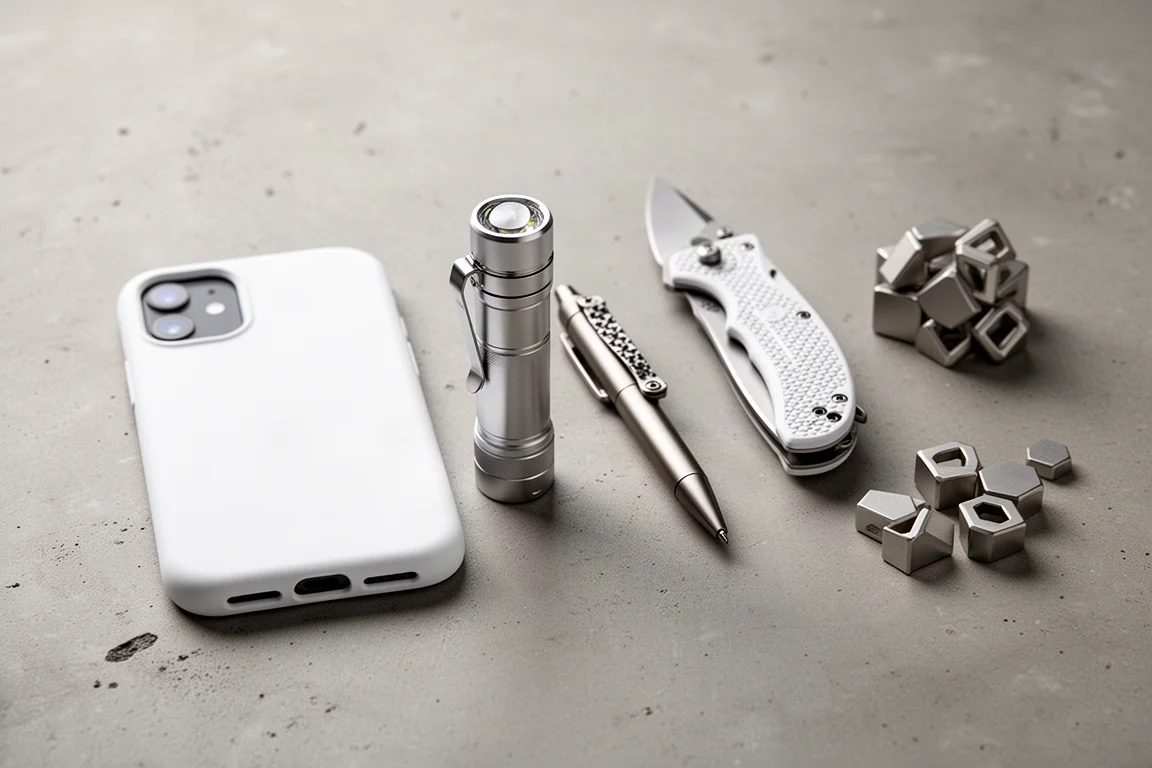 Fünf weiße Everyday-Carry-Gegenstände auf einer mattierten Betonfläche arrangiert