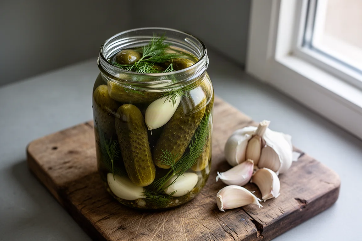 Whole dill pickles in a glass jar with garlic cloves and dill fronds
