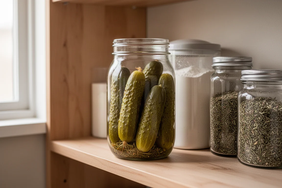 Jar of pickles stored on a pantry shelf next to pantry staples