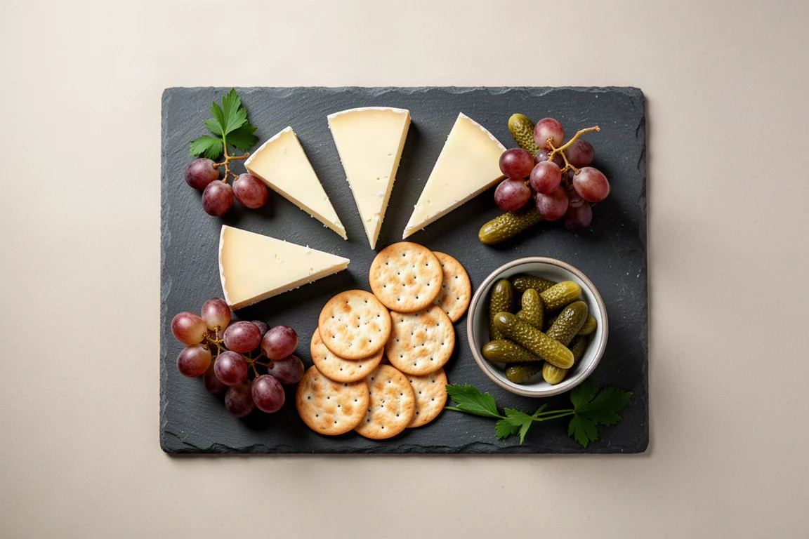 Cheeseboard with cheese, crackers, and small pickles arranged on a slate surface