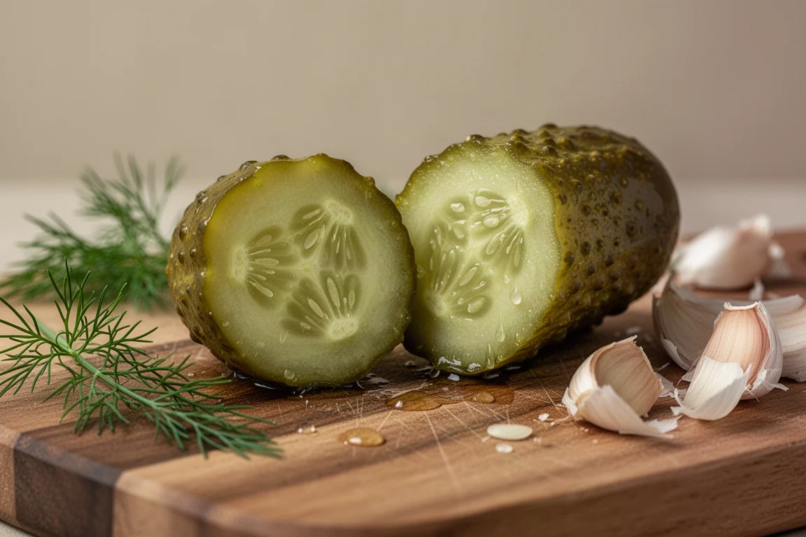 Crunchy whole dill pickle snapped in half on a cutting board