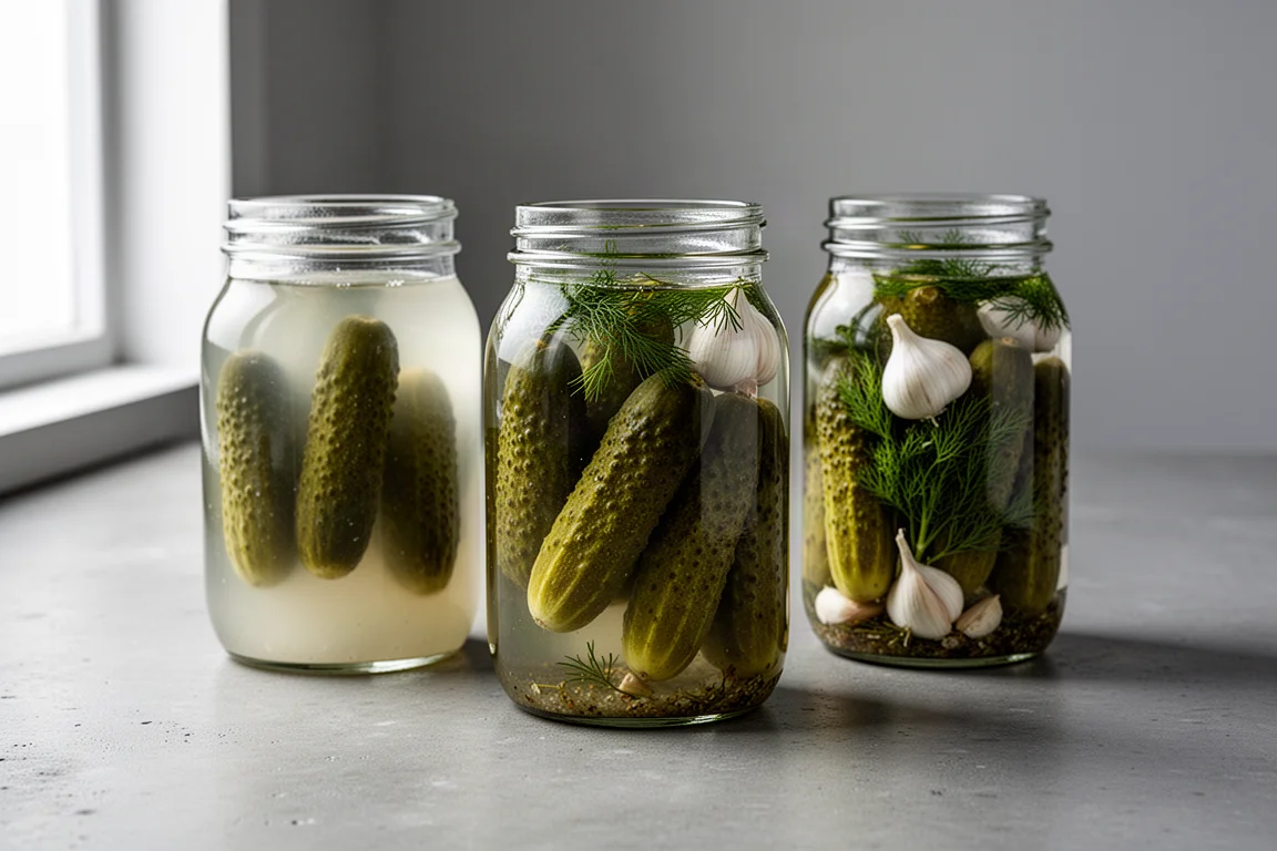 Three jars of whole dill pickles on a concrete surface, one with cloudy brine