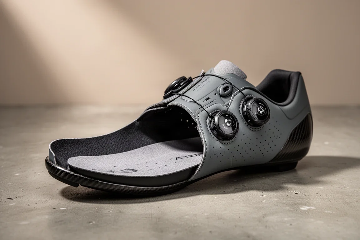 Scarpa da ciclismo completamente aperta che mostra l'interno e il bordo della suola in carbonio