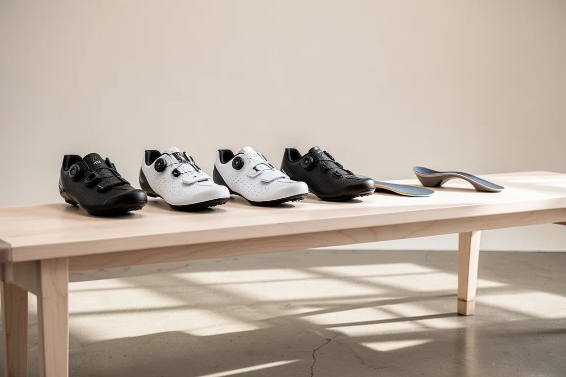 Fila di scarpe da ciclismo su una panca di legno in uno studio luminoso per la prova