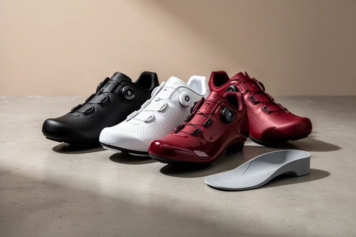 Three road cycling shoes in black, white and red with an arch support on concrete