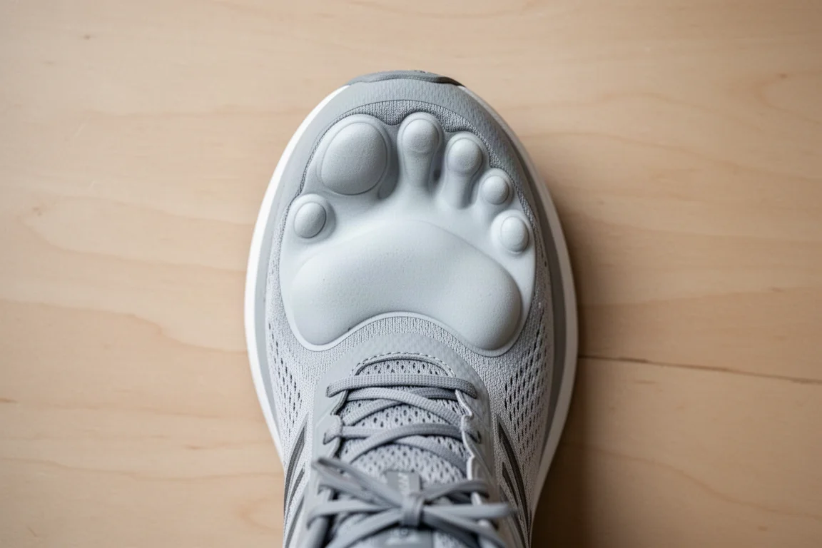 Nahaufnahme von oben: Laufschuh mit breiter anatomischer Zehenbox
