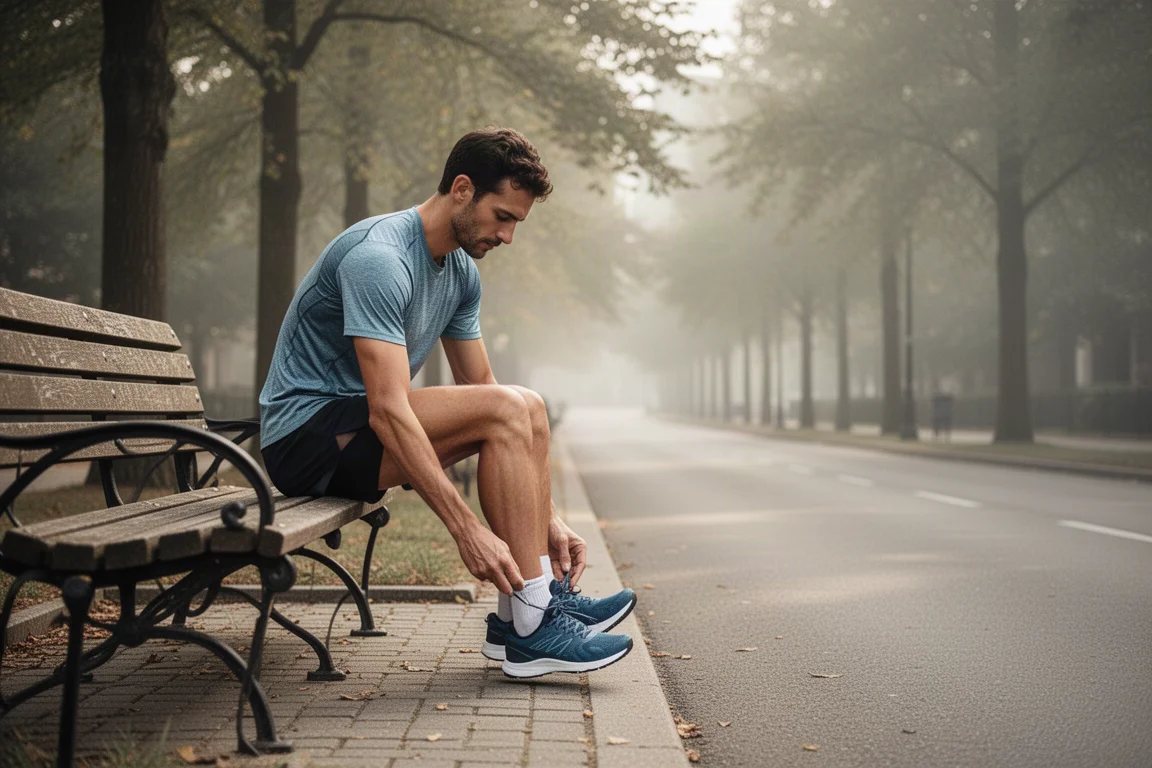 Läufer dehnt sich vor einem lockeren Regenerationslauf auf ruhigen Straßen der Stadt