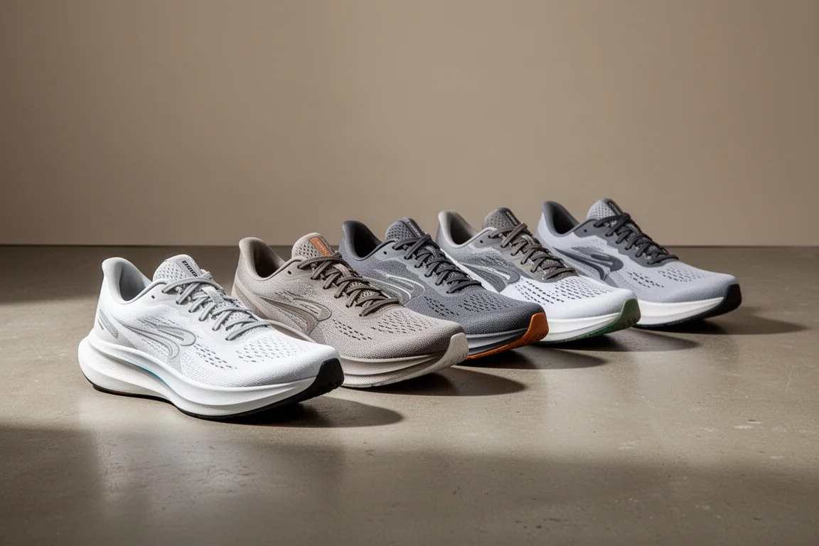 Sei scarpe da running con punta larga allineate su un pavimento in cemento da studio