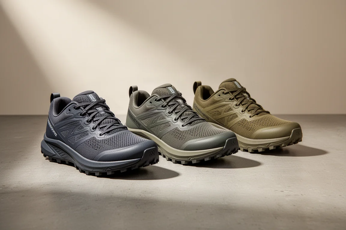 Three wide toe box trail running shoes arranged on a concrete surface in soft studio light