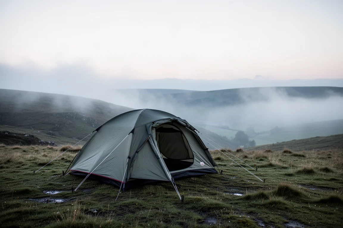 Four-season tent pitched on a windswept hillside at first light with low mist