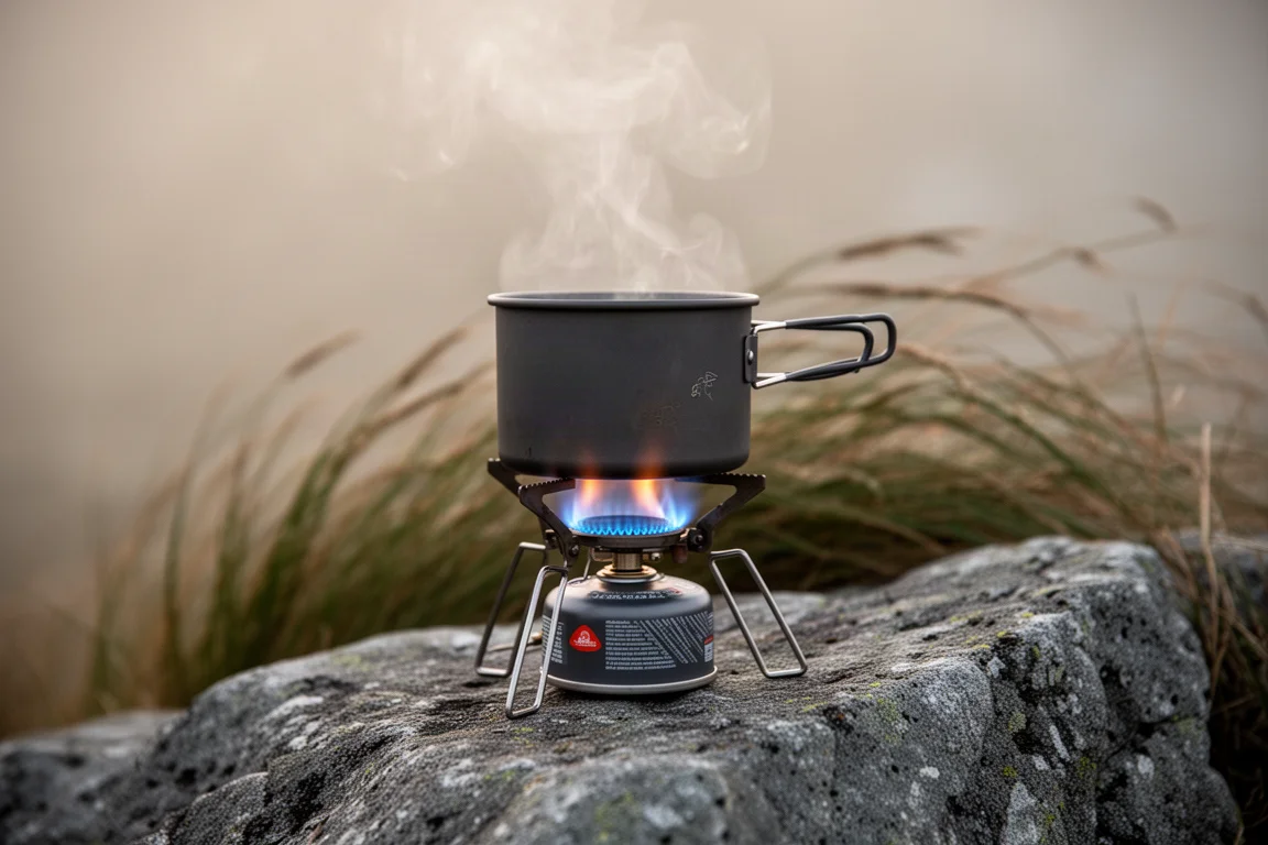 Compact all-in-one stove burning with a blue flame on a rocky ledge