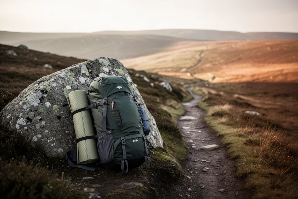 Loaded hiking backpack resting against a granite boulder beside a hill trail