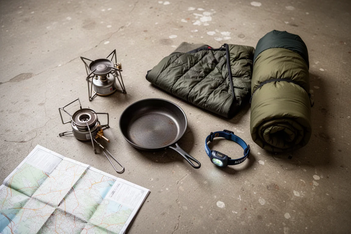 Overhead flat-lay of wild camping kit with stove, skillet, torch and rolled bag