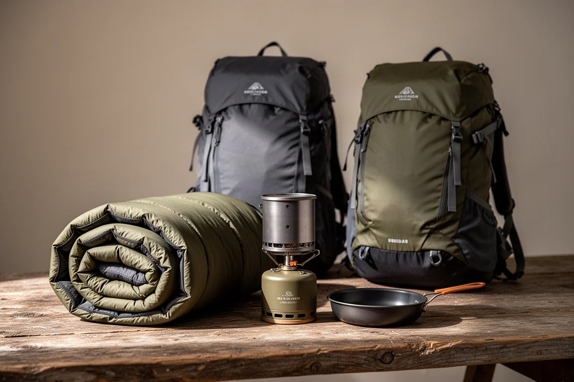 Four-season wild camping kit with sleeping bag, stove, skillet and two backpacks