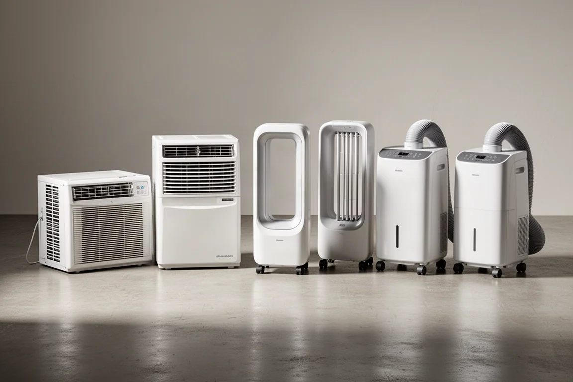 Lineup of window, U-shaped and portable air conditioners on a concrete studio floor