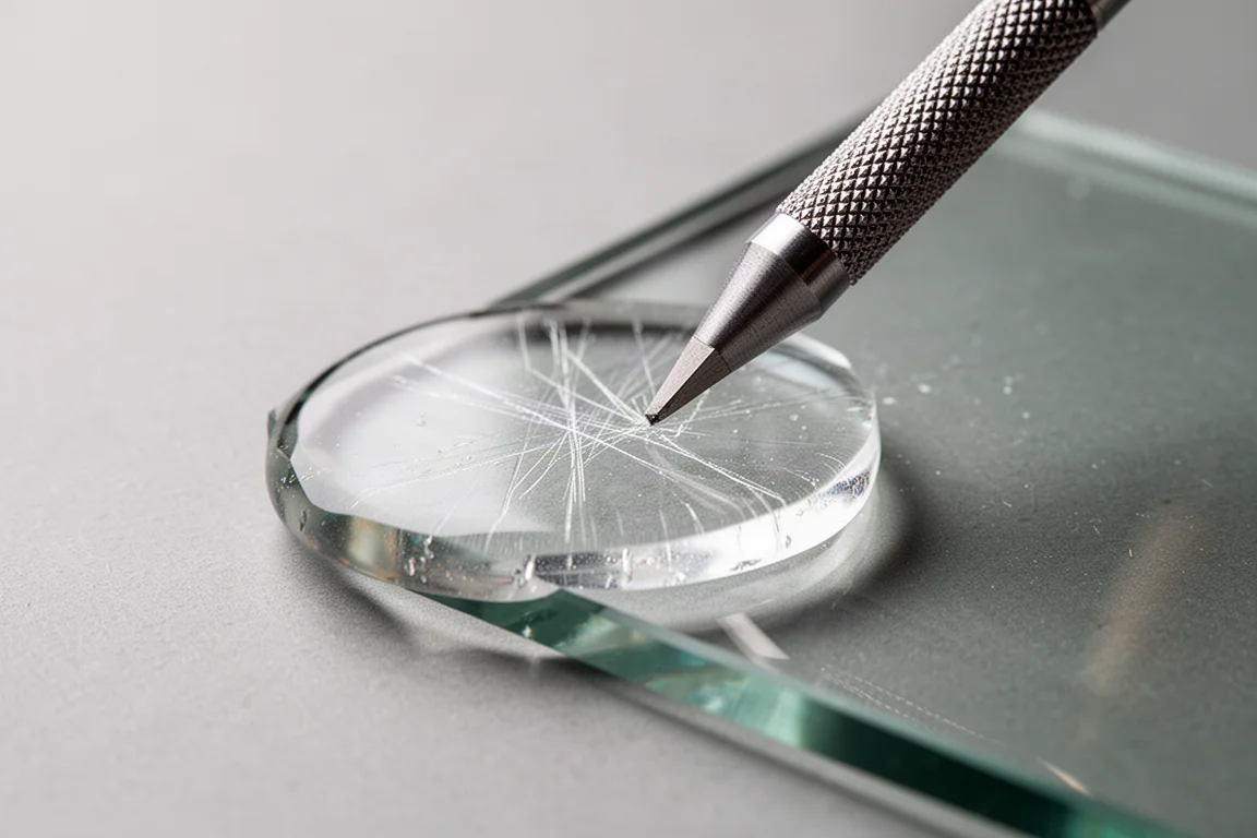 Spuntone calibrato che graffia una zona di resina indurita sul vetro