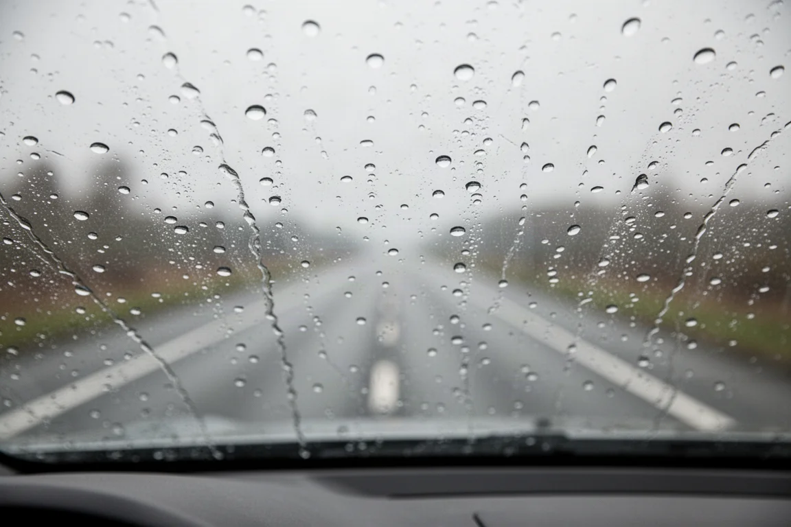 處理過的汽車擋風玻璃上，雨滴形成水珠並滾落