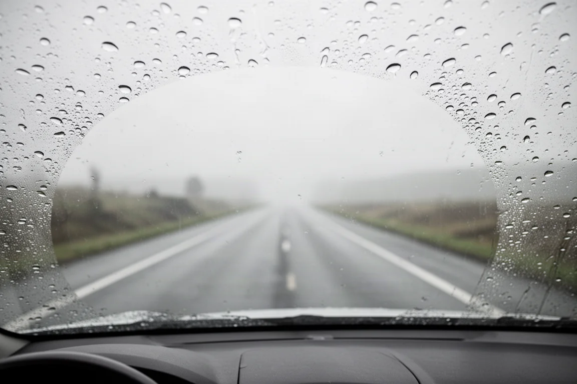 大雨過後的汽車擋風玻璃，透過玻璃視野清晰