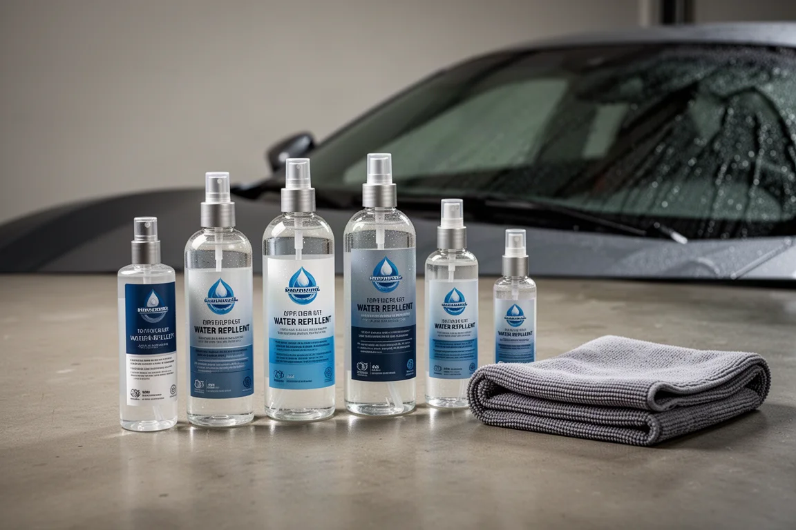 Row of automotive glass water repellent bottles on a concrete garage floor