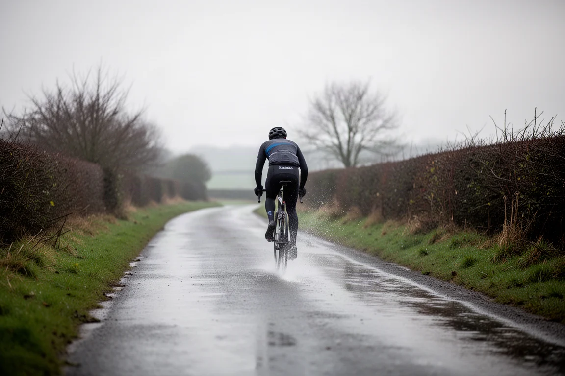 Wielrenner op een natte landweg in het lage winterlicht