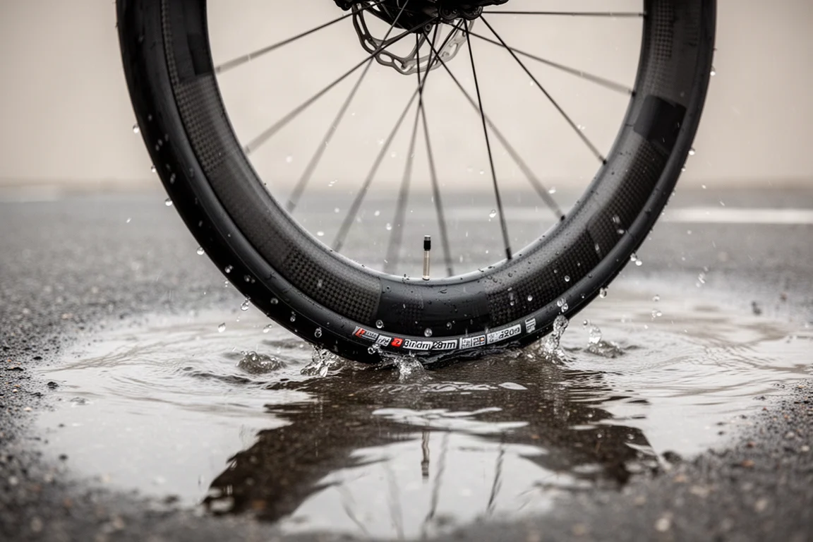 Carbonvelg met hoog profiel en 28mm band die door water op asfalt rolt