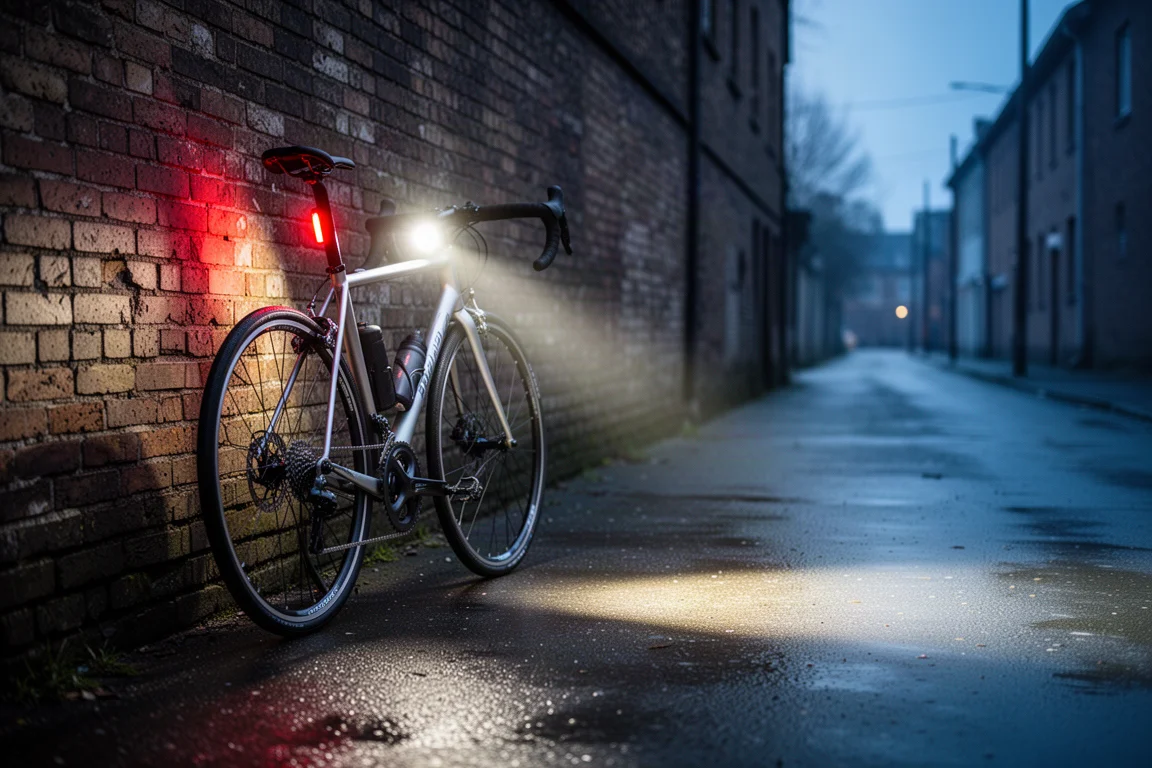 Winterracefiets tegen een bakstenen muur bij schemer met verlichting aan