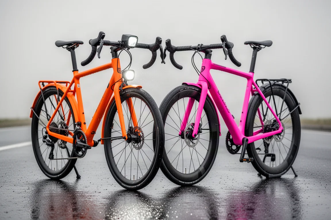 Två vinterlandsvägscyklar, en i orange aluminium och en i rosa kolfiber, på blöt asfalt