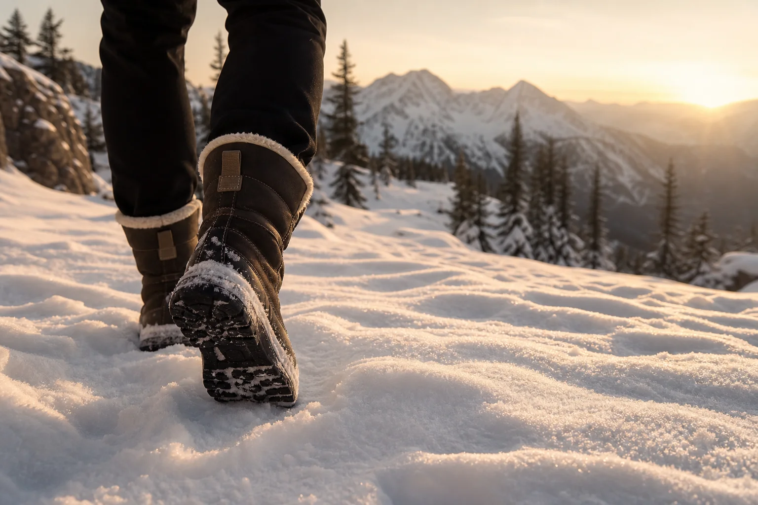 Personne portant des bottes d'hiver marchant dans un paysage enneigé