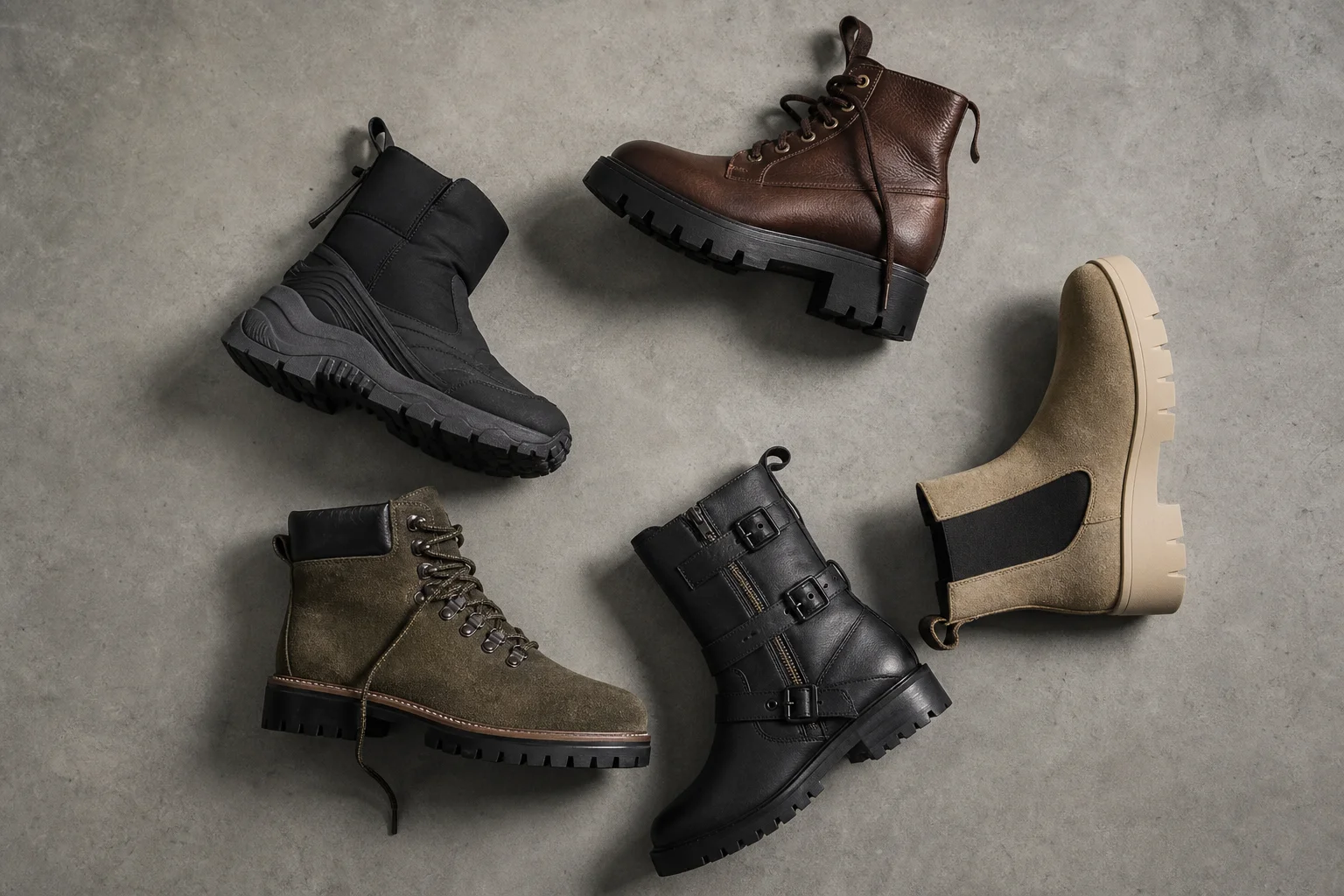Disposition à plat de plusieurs styles de bottes sur une surface neutre