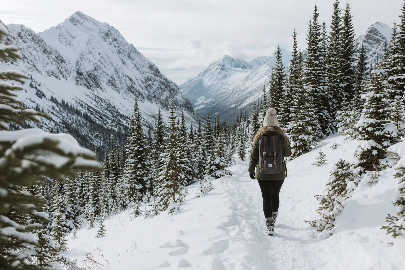 Woman hiking on snowy mountain trail with evergreen trees and distant peaks