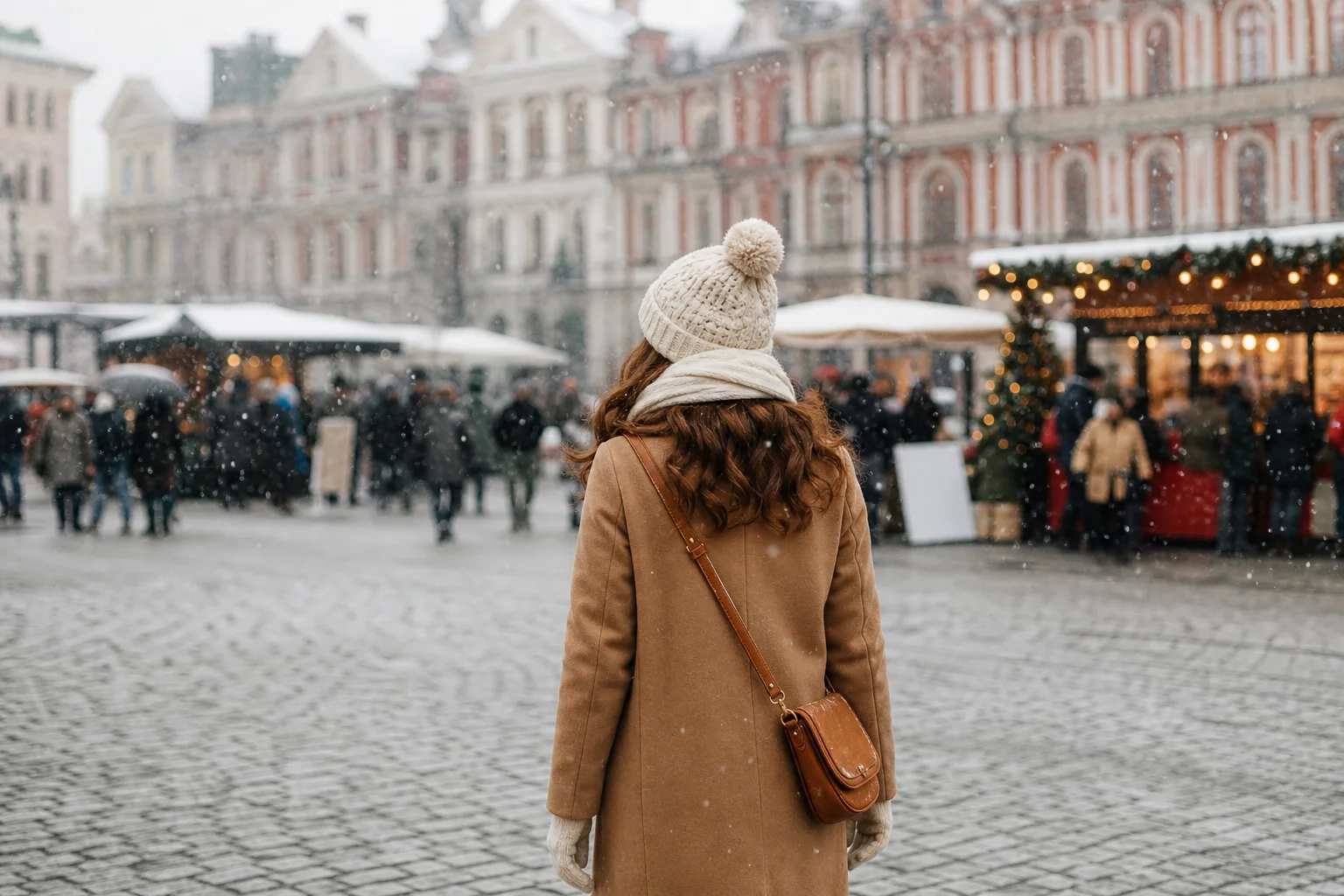 Woman walking through winter market with snow falling and historic buildings