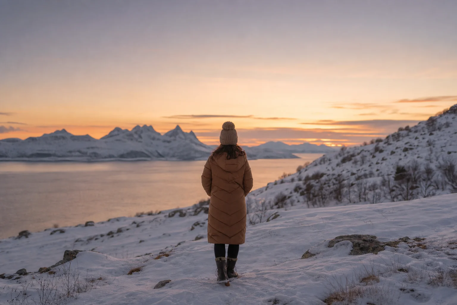 Woman in winter outfit standing in snowy landscape at dusk with golden light