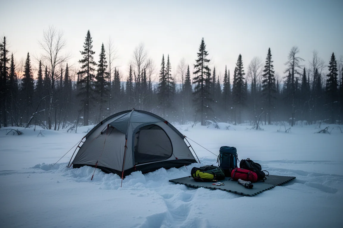 Vintertältplats på ett snöfält i skymningen med ett kupoltält och sovutrustning bredvid en kamin