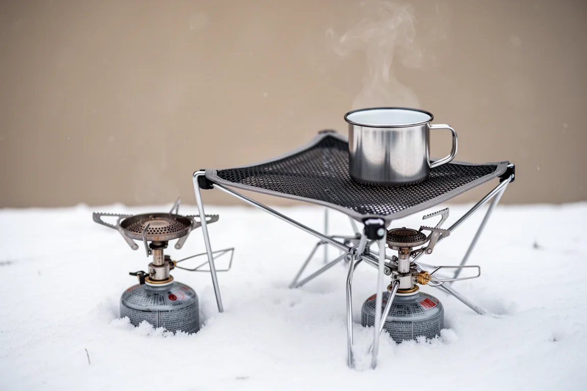 Fyrasäsongskupoltält uppspänt på en blåsig snöig kam med snöyra i luften