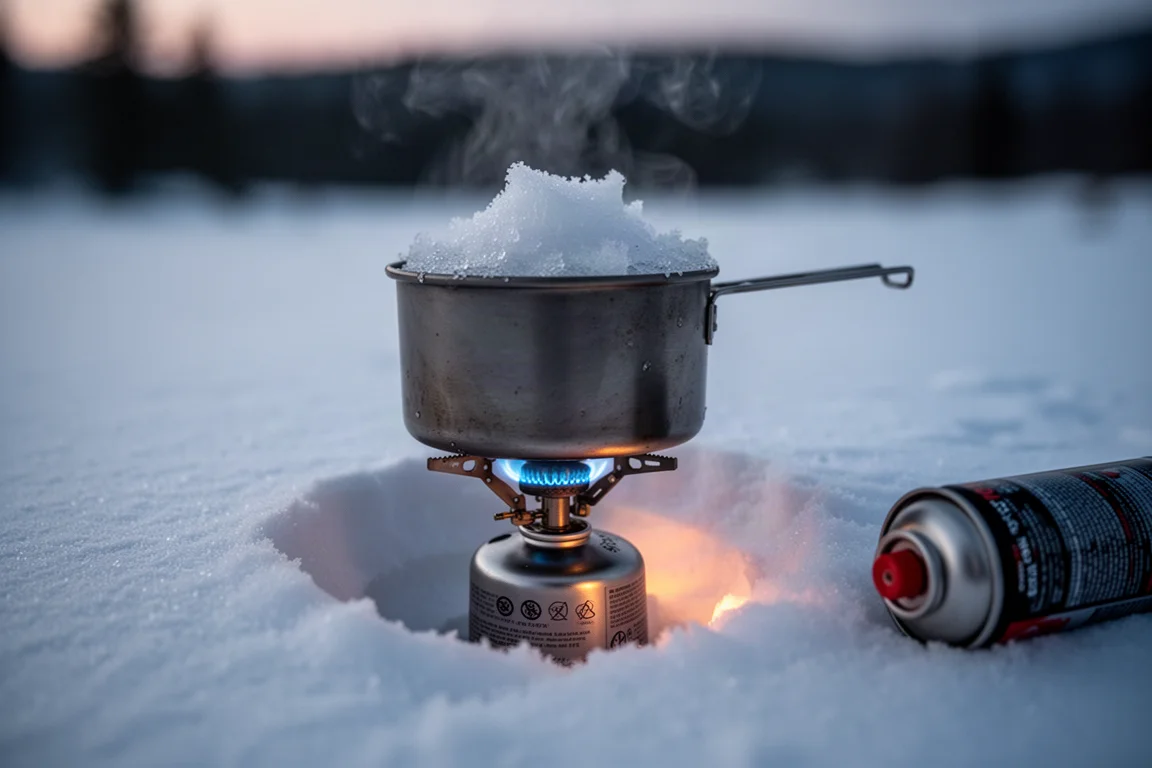 Platt uppläggning av vintersovutrustning med ett vikt liggunderlag, en rullad quilt och en packpåse på snö