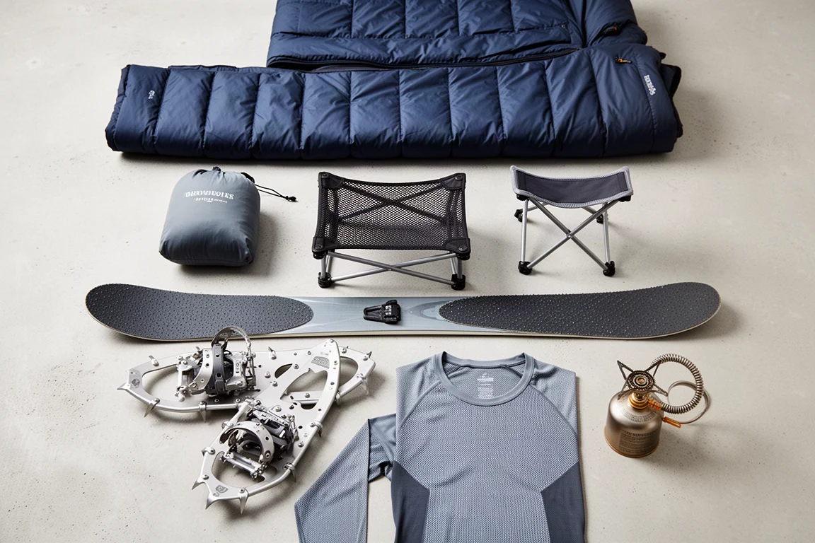 Four-season dome tent, rolled sleeping pad and folded down quilt on packed snow at dusk