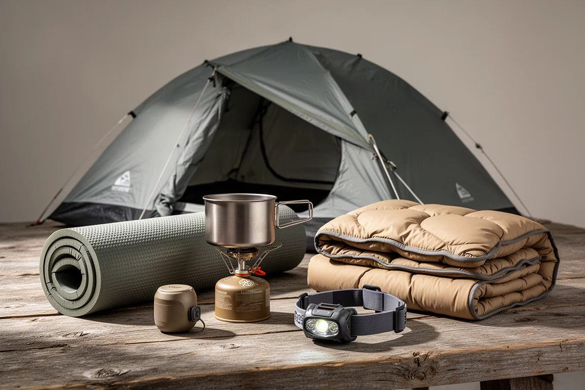 Winter camping gear arranged on wood: tent, sleeping pad, stove pot, headlamp, and folded quilt