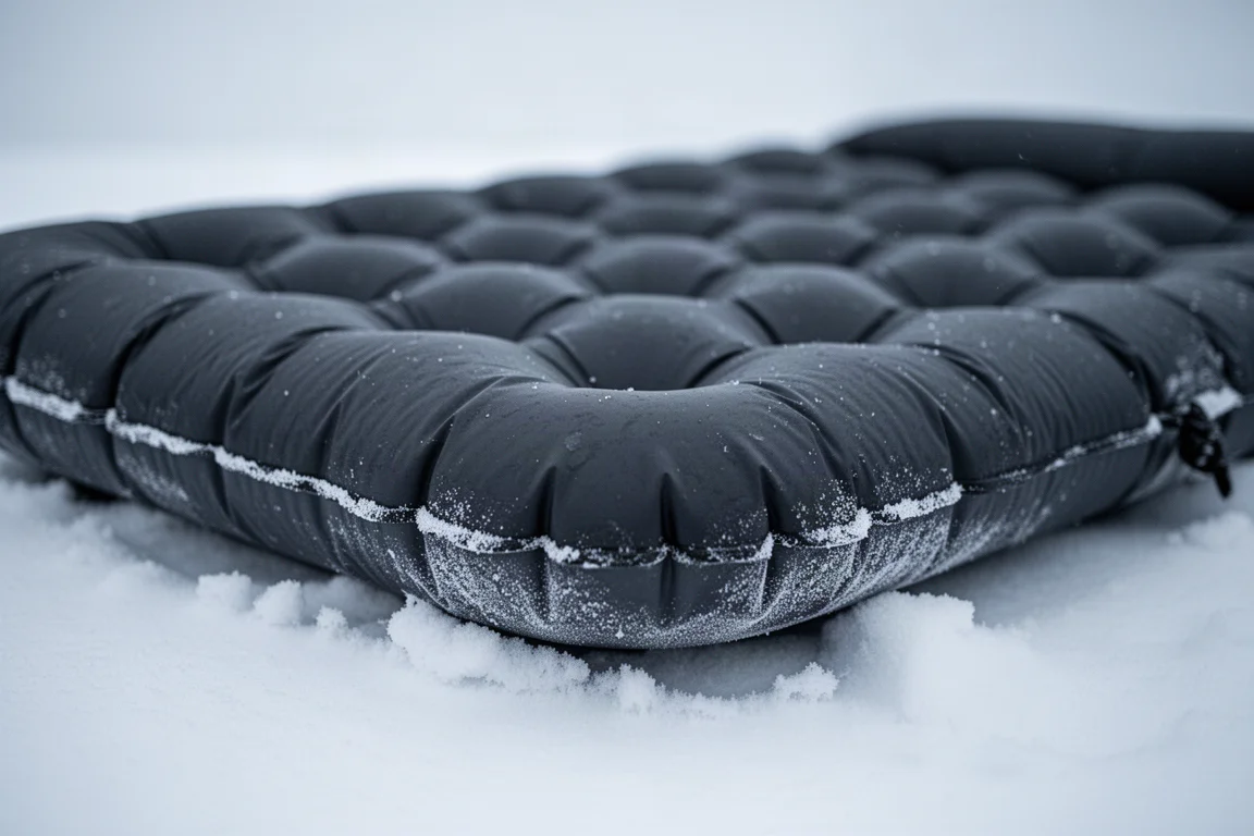 Close-up da superfície de um isolante inflável com isolamento térmico apoiado sobre neve compactada