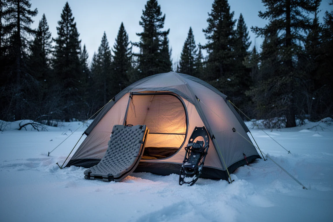 Barraca de inverno iluminada na hora azul em um acampamento nevado com pinheiros