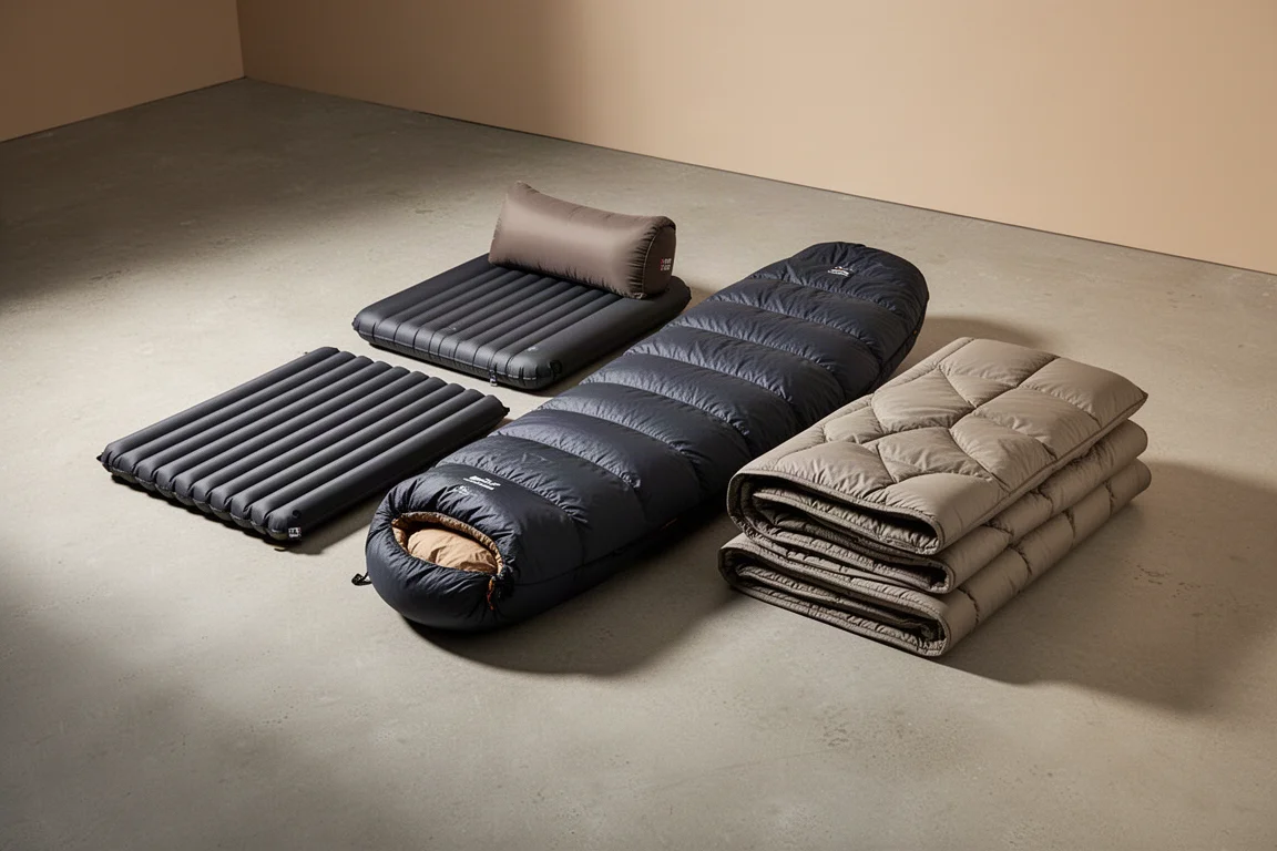 Winter camping sleep system with foam pad, air pad, pillow, down bag and quilt on concrete