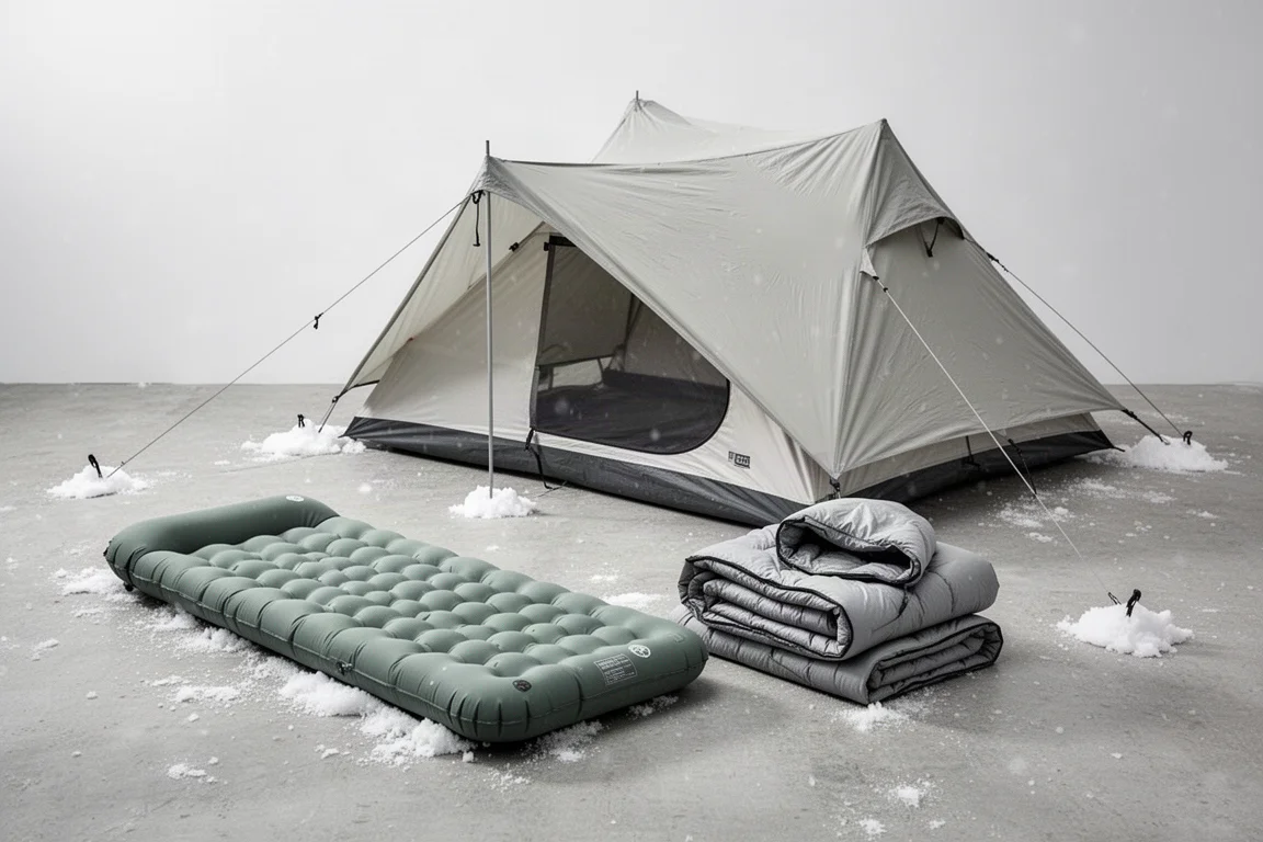 Winter sleeping pad, quilted sleep system and low-profile tent arranged on a snow-dusted surface
